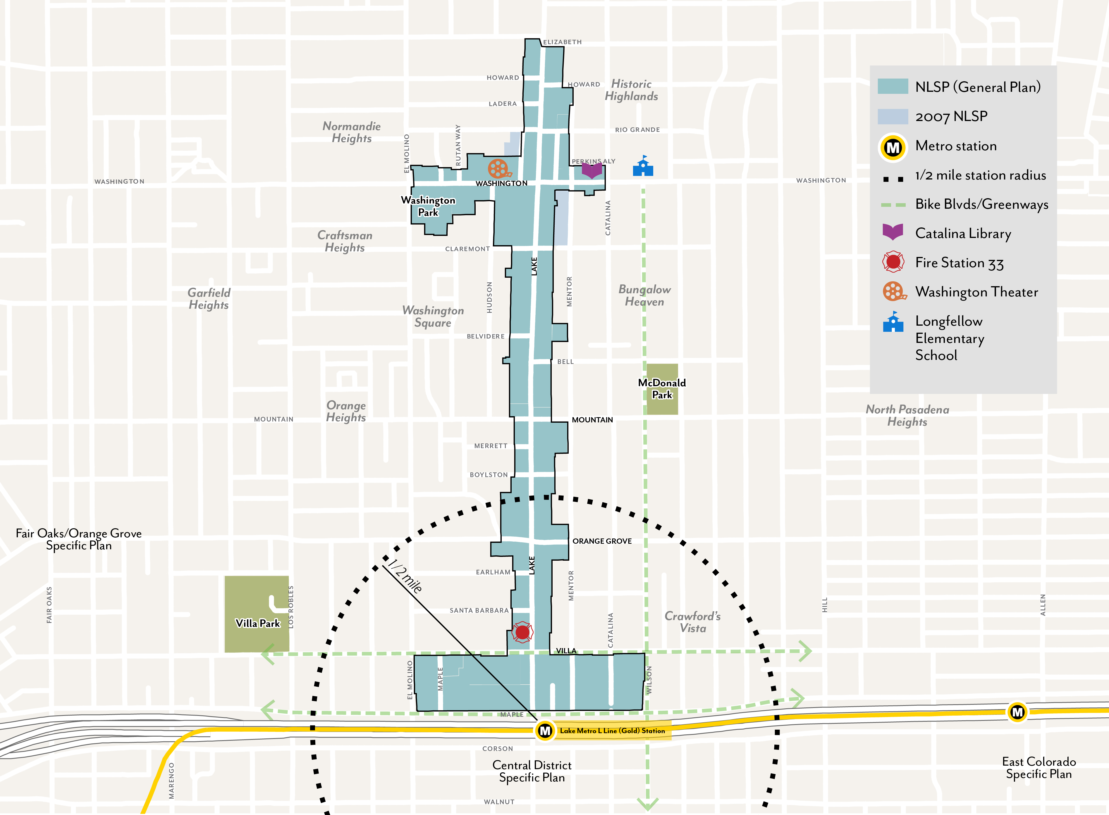 North Lake Specific Plan area boundary, with radius line showing distance relation to the Lake Metro L Line station.